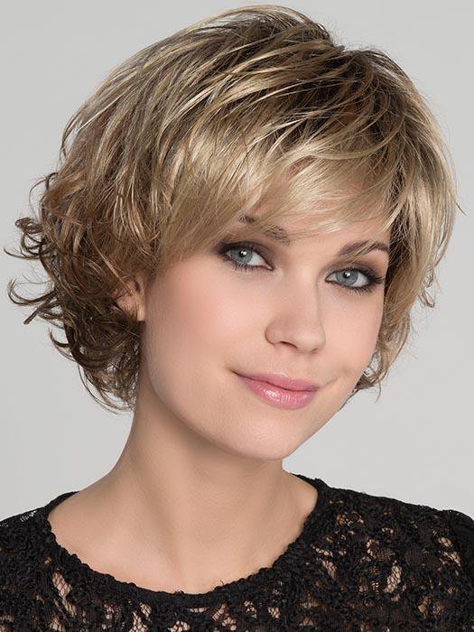 FLAIR MONO by ELLEN WILLE in CARAMEL ROOTED 20.26.14 | Medium Honey Blonde, Dark Ash Blonde, and Medium Golden Blonde blend and Dark Brown Roots