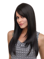 model wearing long black wig