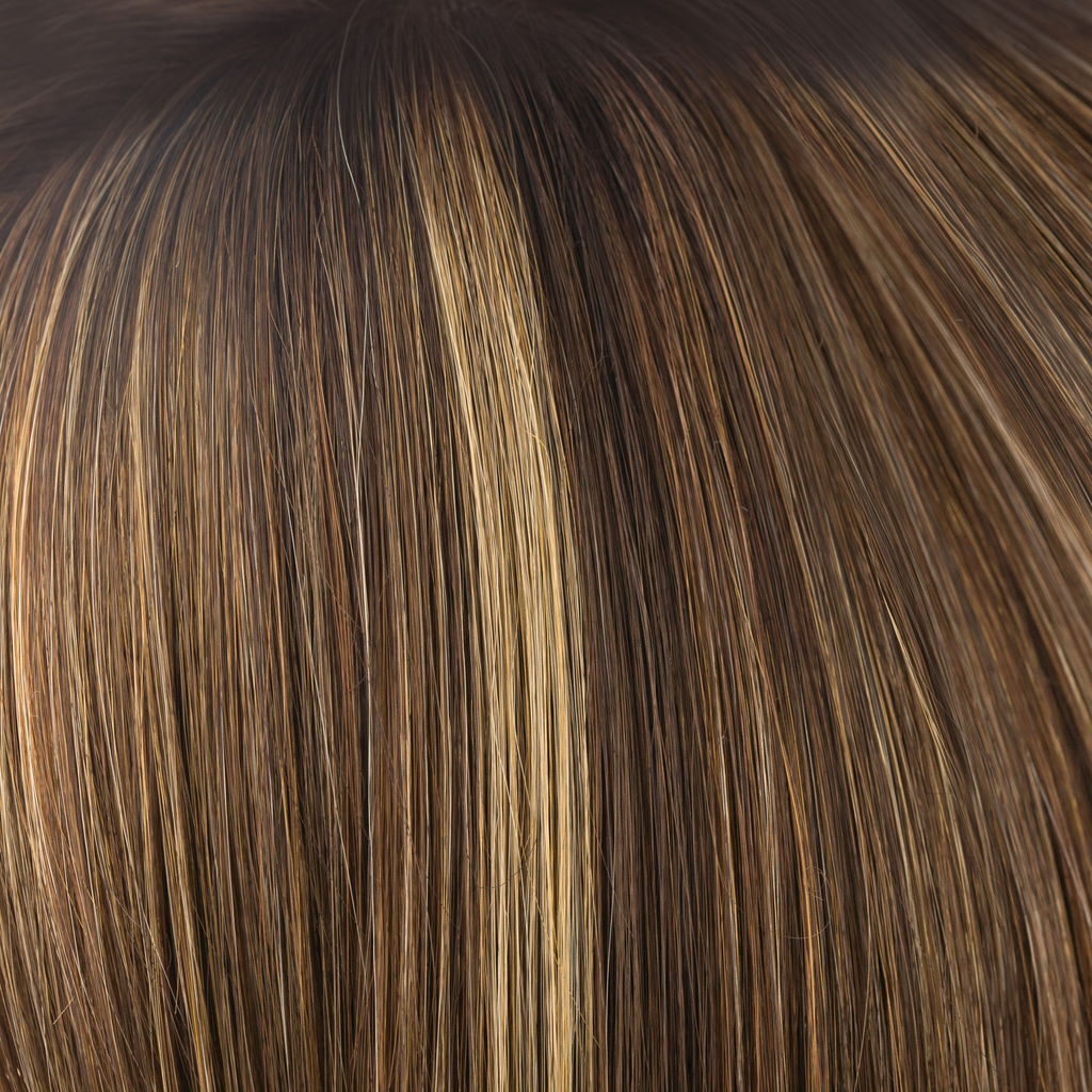 Almond Rocka-R  -  Cappucino-based, with a mix of dark strawberry blond and medium golden blond highlights with deep brown roots