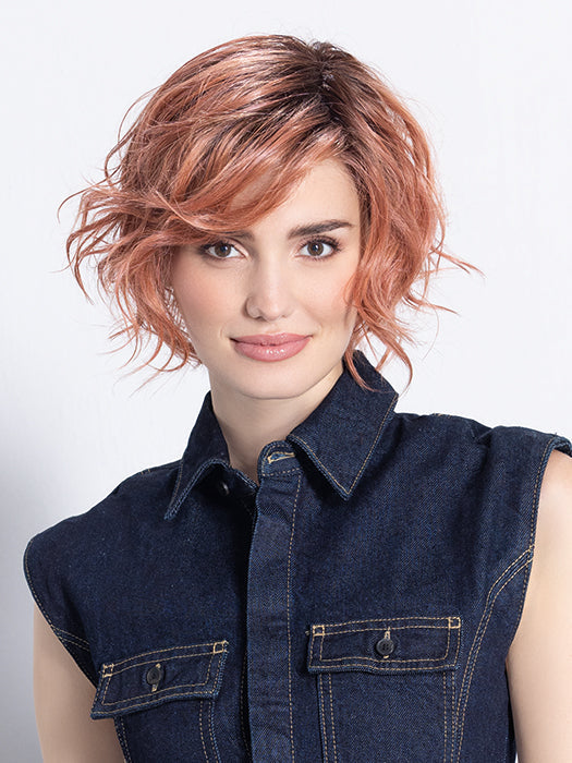 COOKIE by ELLEN WILLE in ROSE BLUSH ROOTED | Light copper, Peach, and Soft Rose Gold tones with subtle Golden Undertones and Shaded Roots