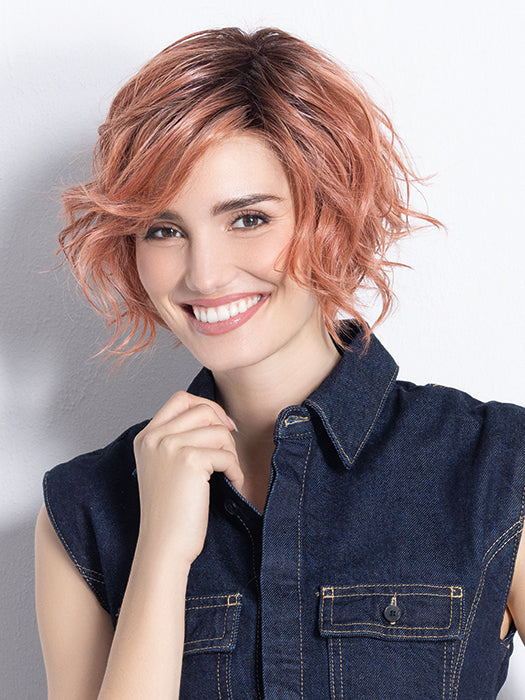 COOKIE by ELLEN WILLE in ROSE BLUSH ROOTED | Light copper, Peach, and Soft Rose Gold tones with subtle Golden Undertones and Shaded Roots