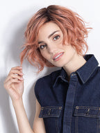 COOKIE by ELLEN WILLE in ROSE BLUSH ROOTED | Light copper, Peach, and Soft Rose Gold tones with subtle Golden Undertones and Shaded Roots
