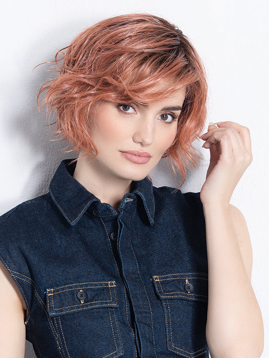 COOKIE by ELLEN WILLE in ROSE BLUSH ROOTED | Light copper, Peach, and Soft Rose Gold tones with subtle Golden Undertones and Shaded Roots