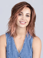 FLOW by Ellen Wille in ROSEWOOD LIGHTED | Medium Brown, Caramel, and Rose Gold blend with Highlights Throughout and Concentrated in the Front with Shaded Roots