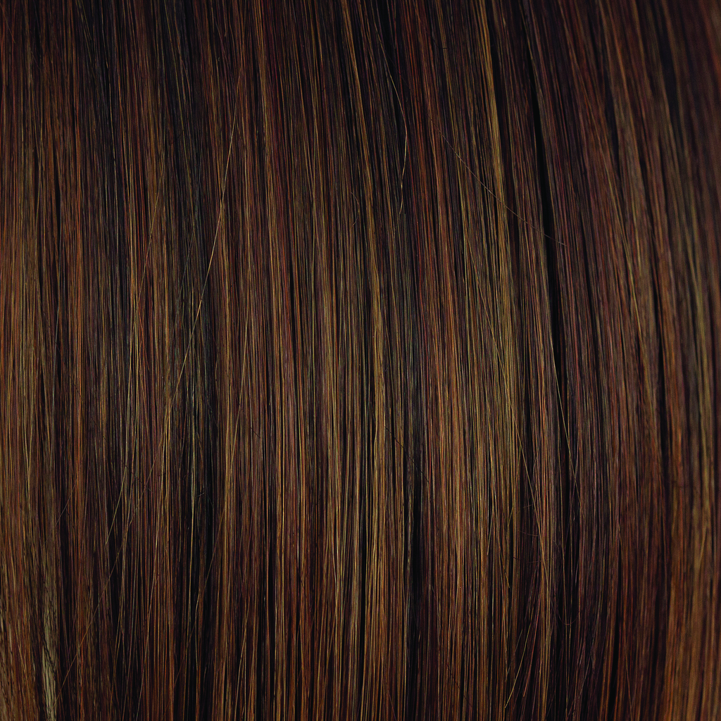 Rum Raisin  -  A blend of deep, dark, garnet brown base with an array of ribbon highlights, medium hazel blonds, and medium mahogany red browns.